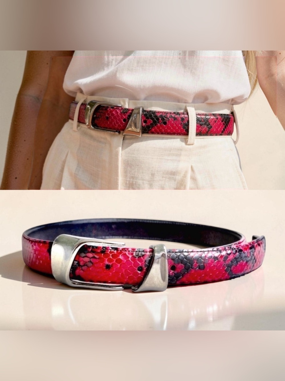 Fina Firenze Women’s Python-Print Leather Belt. Red, Black, Silver. 35” x 1”